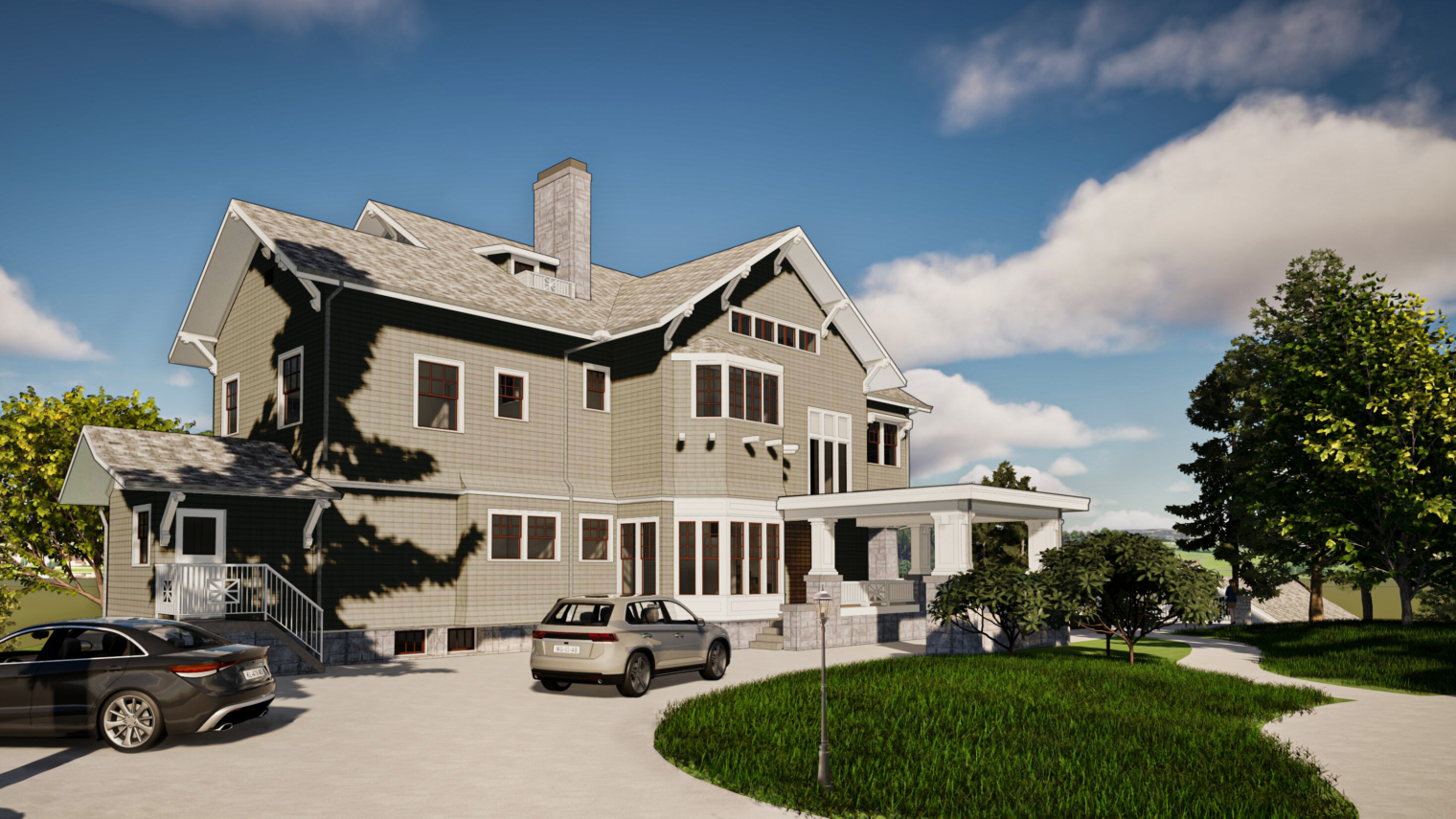 Driveway with siding color with lamp post